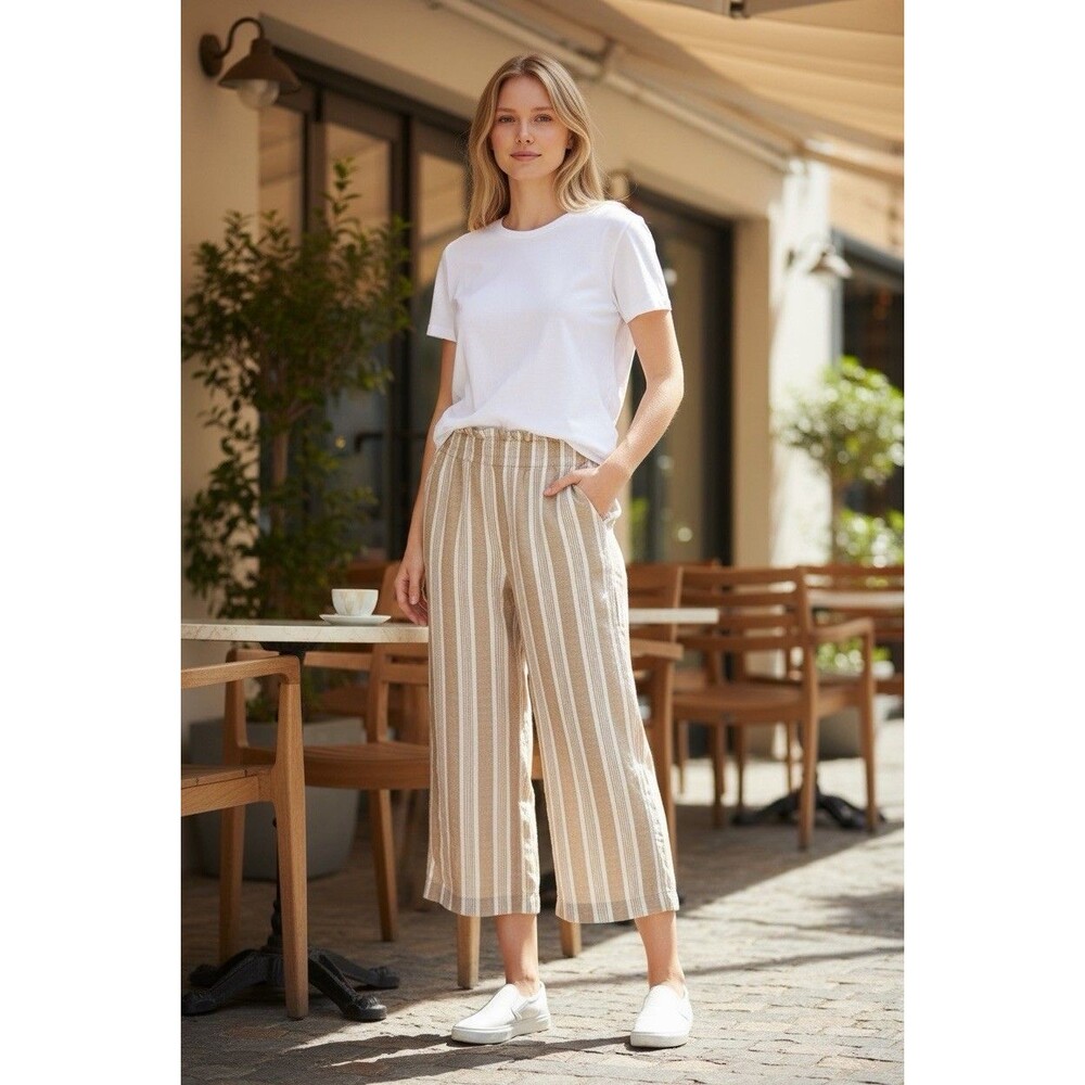 Madewell Linen Pants Womens M Wide Leg Striped Beachy Coastal Neutral Tan Beige‎